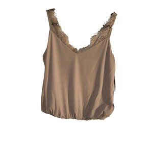 Lola Grace Womens Taupe Lace-Trimmed Sleeveless Top S